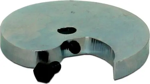 Exzenterscheibe aus Metall mit rundem Design und mittigem Loch. Zwei schwarze Schrauben sind sichtbar. Produkt von der Marke Wolf.